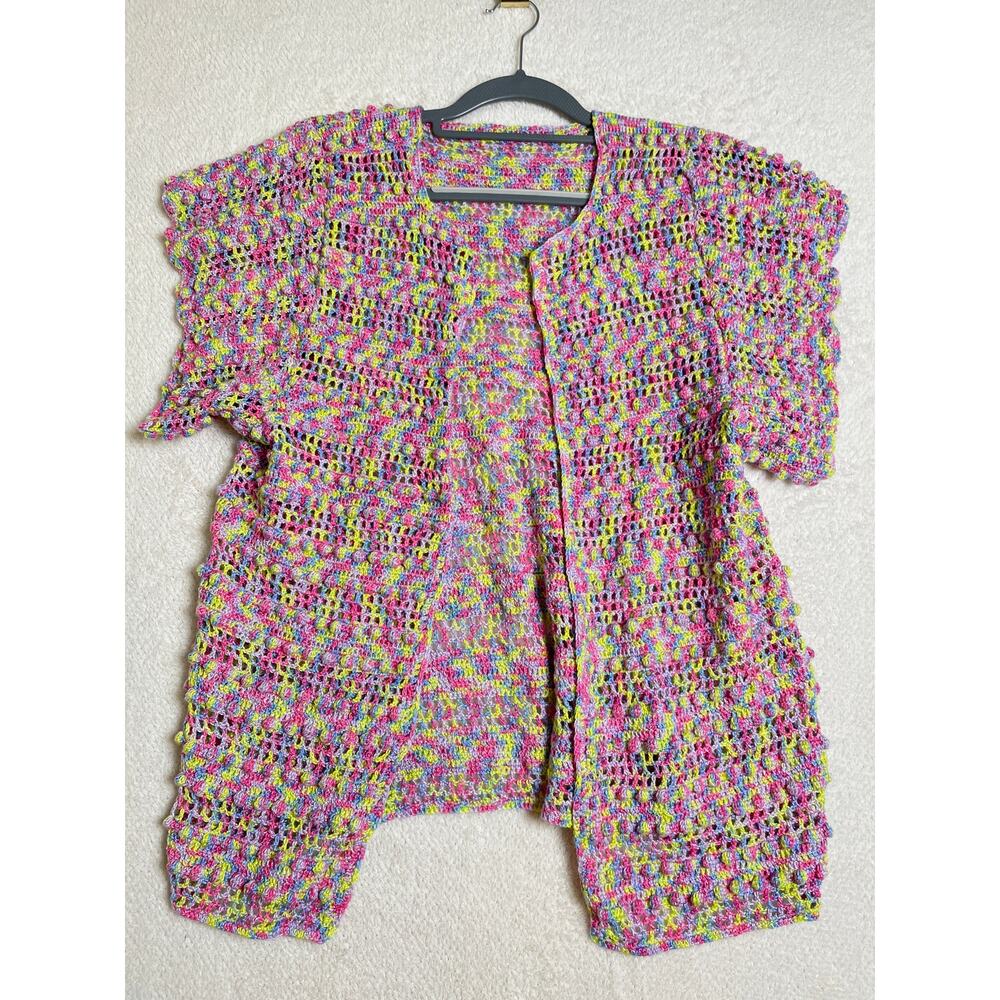 Handmade Knit Chunky Fisherman Grandma Cottage Multicolor Open Cardigan M/L